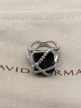 David Yurman 925 Silver Black Onyx & Diamond Ring with Crisscross Cable Design